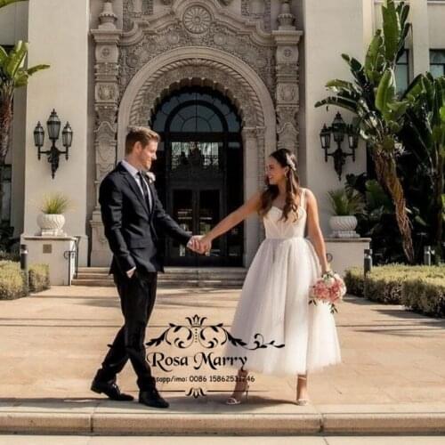 Polka Dot Tea Length Wedding Dresses 2021 A Line Plus Size Short Cheap Country Beach Boho Vestido De Novia Bridal Gowns