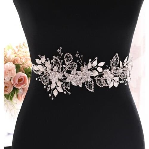 TRiXY SH282-S Silver Bridal Belt Formal Gown Dress Belt Sash Bridal Belt Silver Leaf Wedding Belt for Women Wedding Accessories