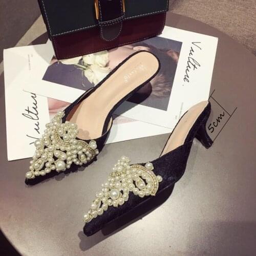 Luxury Slippers Women Designer Slides Ladies Brand Mules Shoes Women Dress Shoes Crystals Slippers Pointed Toe Heels