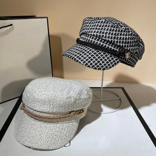 Autumn Winter Hat Button Tweed Wool Military Hat Fashion Hats for Women Female Flat Army Cap Salior Hat Girl Visor Travel Berets