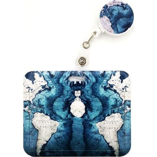 Blue World Map Cartoon Retractable Badge Reel Lanyards Nurse ID Business Credit Card Work Cards Badge Holder Office Card Cover