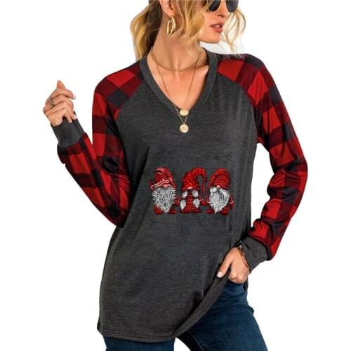 Women Autumn Christmas Santa Claus Print T-Shirts Long Sleeve Plaid Splicing Loose Fit Tee Shirt Tops 26 Color