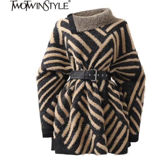 TWOTWINSTYLE Hit Color Casual Sweater For Women Turtleneck Long Sleeve Sashes Print Casual Sweaters Female Fashion New Spring