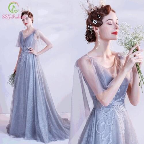 SSYFashion New Luxury Grey Evening Dress Banquet Elegant V-neck A-line Floor-length Long Prom Party Formal Gowns for Women