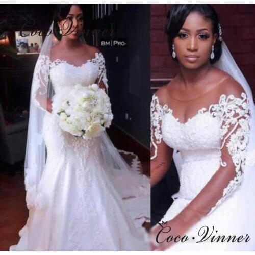 Long Sleeves African Wedding Dress Mermaid 2021 New Custom Made Vintage Lace Plus Size Wedding Dresses for Women W0752
