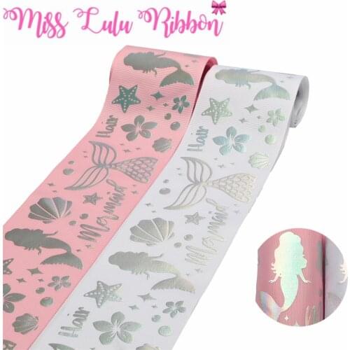 3"75mm Cartoon Mermaid Tail Starfish Rainbow Hologram Foil Printed Solid Color Grosgrain Ribbon DIY Gift Bowknots 50yards/roll