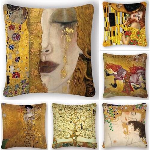 Gustav Klimt Oil Painting Cushion Cover Gold Pattern Print Pillow Case Vintage Decorative Pillow Cover Sofa Chair Pillow Case