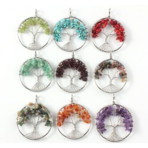 Kraft-beads Popular Silver Plated Amethysts Wire Wrapped Chakra Tourmaline Tree Life Pendant Carnelian Jewelry