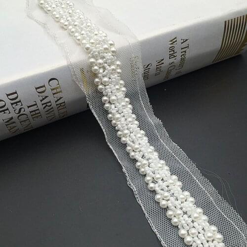 15mm Ivory Beading Pearl Trims Beaded Ribbon For Sewing Clothing Collar Headdress Accessories White Mesh Lace Wedding Decoration