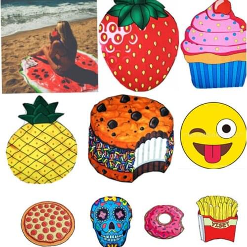 Summer Donuts Pizza Burger Fruit Large Round Beach Towel Adult Child Beach Bath Towel Mat Tapestry Suitable Picnic Mat For home
