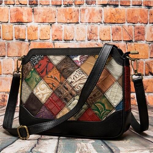 Fashion trend embossed one-shoulder multi-color stitching bag horizontal natural Genuine leather large capacity messenger bag