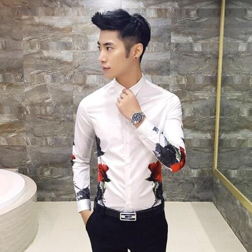 16 autumn new black and white rose patterns, digital printing, mens long sleeved shirt, 1539-P55- white