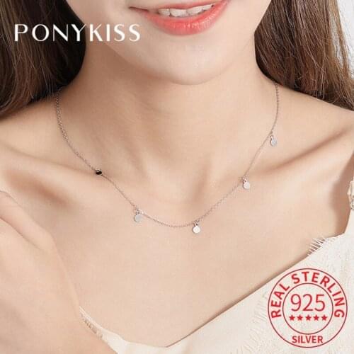 PONYKISS 100% 925 Solid Sterling Silver Mini wafer Pendant Choker Necklace Women Fashion Delicate Jewelry Birthday Party Gift