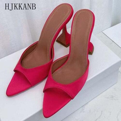 New High Heel Slippers Women Solid Color Pointed Open Toe Slides Real Leather Insole Summer Sandals Party Dress Shoes Mules