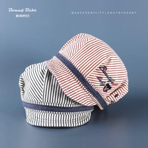 Hat 2020 Spring And Summer-Pure Cotton Embroidered Bear Beret Stripes College Style Sun-resistant Baby cap