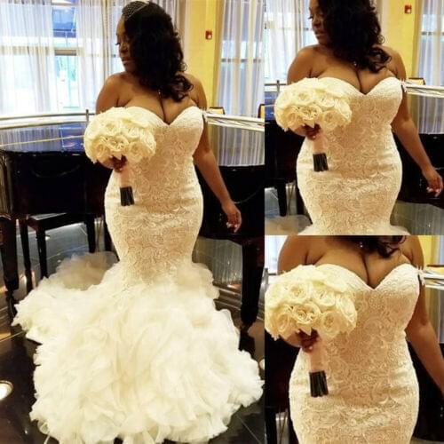 African Plus Size Wedding Dresses Mermaid Sweetheart Ruffles Bridal Gowns Custom Made Bride Dresses