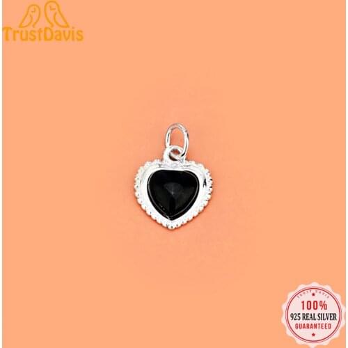 TrustDavis Fashion 925 Sterling Silver Black Agate Heart Charms Pendant For Bracelet Necklace DIY Accessories Fine Jewelry HY024