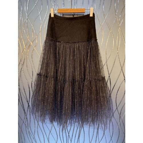 High Quality Designer Fashion Skirts 2021 Autumn Winter Women Lurex Yarn Patchwork Casual Sexy Tulle Mesh Skirt Party Club Wear