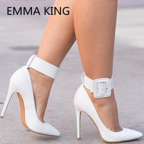 2019 White Snake Leather Women Pumps Pointed Toe Sexy High Heels Ankle Buckle Strap Ladies Party Wedding Shoes Woman Runway Pump