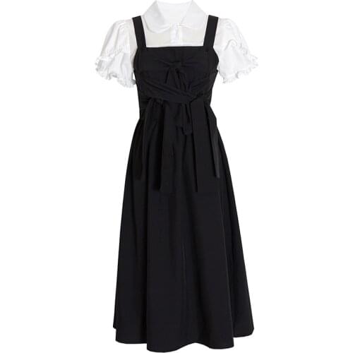 Preppy Style Ruffles Women Dresses Sets Summer New Design 2021 White Shirts And Black Knee-Length Lady Elegant Clothing Suits