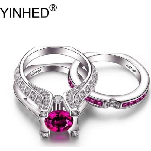YINHED Brand Double Ring Set Rings For Women Gold Filled Top Quality Pink CZ Zirconia Heart Round Jewelry Not Fade YG026
