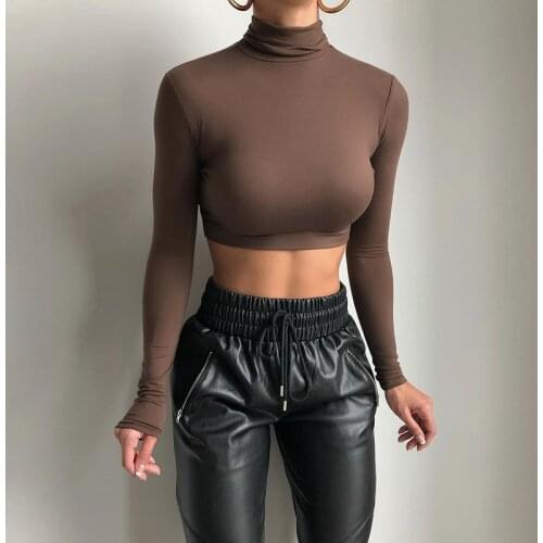 2021 Fashion Trend Women Solid Color Crop Tops High Neck Long Sleeve Slim Fit Pullover T-shirts Skinny Vest Tees for Spring Fall