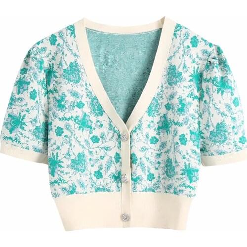 Za Women Fashion Retro Printing Blue V-neck Knitted Cardigan Vintage Short Sleeve Sweater XITIMEAO