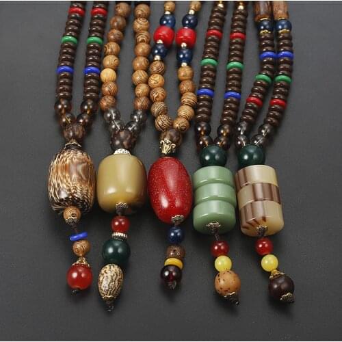 Natural Onyx Stone Pendant Statement Necklace Bring Lucky Wood Beaded Necklaces Women Men Vintage Ethnic Wood Rosary Necklace