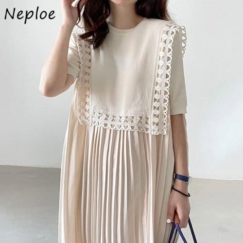 Neploe Summer Retro Round Neck Robe Korean Chic Lace Stitching Loose Vestidos Solid Long Pleated Short Sleeve Dress for Women