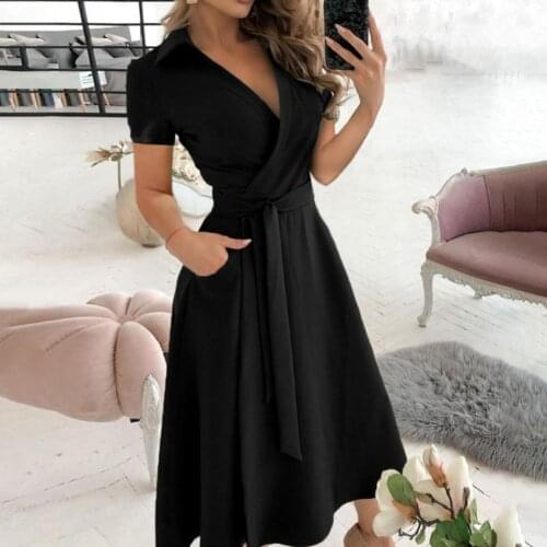 Fashion Women Dress Turn Down Collar Solid Color Short Sleeve Belt Long A-line Dress Sexy Party Dress Vestidos de fiesta 2XL