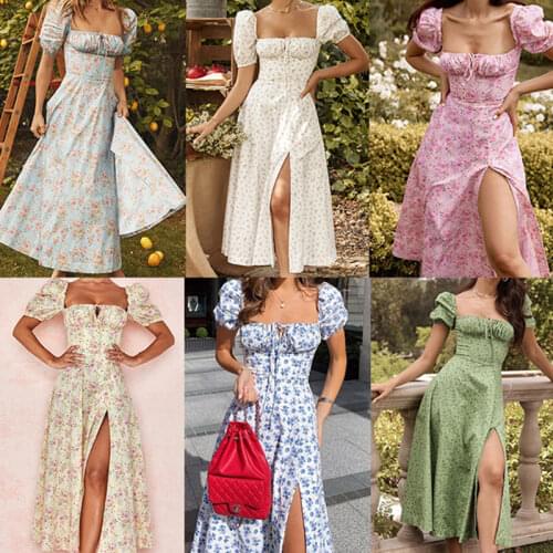 Fashion Women Long Waisted Beach Dress Casual Women Floral Flowers Printed Sundress Female Sexy Puff Sleeves Trim Split Dresses