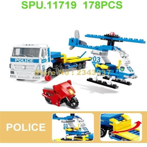 059 178pcs Urban Police Truck Helicopter Motorcycle 3 Dolls Building Blocks Toy