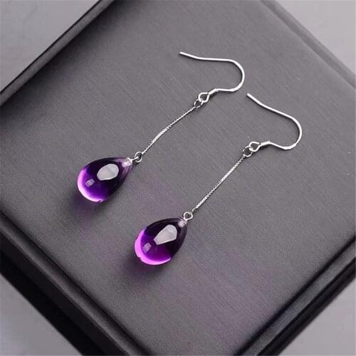 16mm Natural Purple Amethyst Drop Earrings Jewelry For Women Lady Silver Sterling Love Gift Crystal Round Beads Gemstone AAAAA