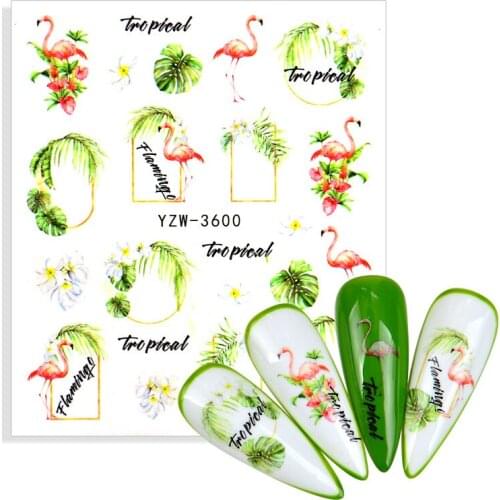 2021 NEW Water Nail Sticker Flower Leaf Tree Green Simple Flamingo Style Slider for DIY Manicure Nail Art Watermark Tattoo Decal