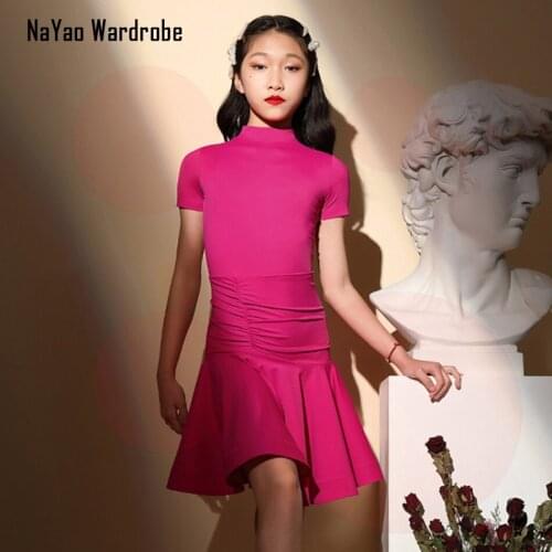 G3467 Short Sleeve Kids Latin Dance Dress Lotus Hems High Neck Design Girl Latin Dancing Cloth for Stage Ballroom Dancewear