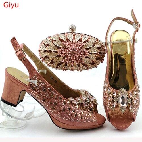 Doershow Nigeria peach Sandal Shoes And Bag To Match High Quality Fashion African Italian Shoes And Matching Bag Set! SOU1-6