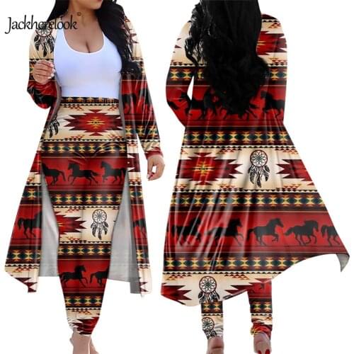 Jackherelook 2 Piece Vintage Outfits for Womens Tucson Horse Stripe Terracotta Print Cardigan Trench Coat Skinny Long Pants 2021