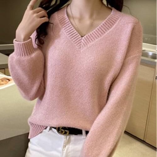 Lazy Style Pullover Sweater Women 2020 New Autumn Winter Korean Fashion Loose V-Neck Thicken All-Match Knitting Sweaters Female