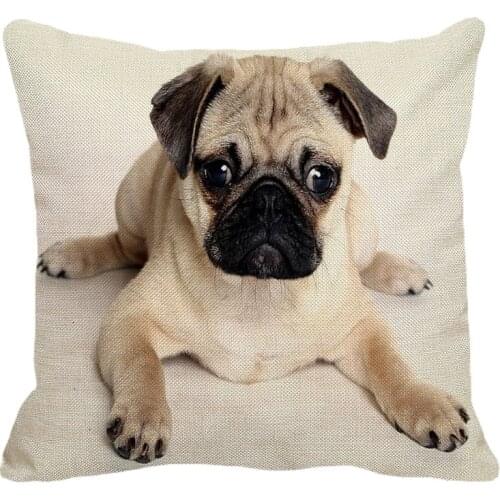 XUNYU Cute Pug Pattern Linen Pillow Case Home Sofa Square Decorative Pillows Cover Animal Cushion Cover 45X45cm AC089