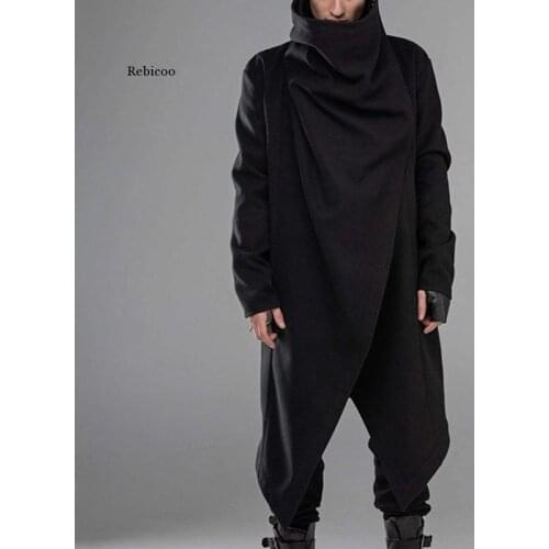 Men Cloak Coats Streetwear Turtleneck Solid Long Sleeve Fashion Men Cape Outerwear Punk Style Irregular Jackets S-5Xl