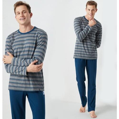 Autumn cotton stripes pajama set men sleepwear 2pcs homecloth long sleeve tops pants plus size pijama hombre