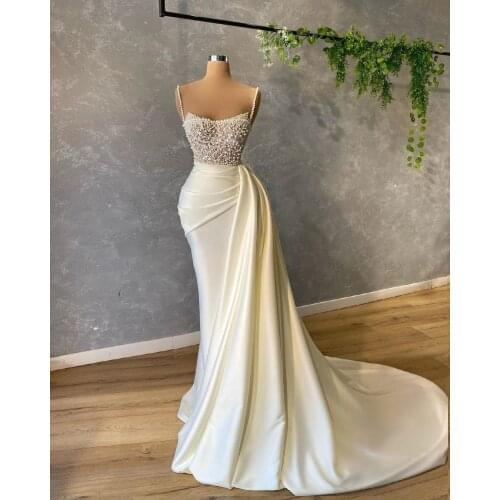 Spaghetti Neck Prom Dresses With Detachable Train Bead Pearls 2021 Mermaid Ivory Satin African Women Formal Evening Gowns