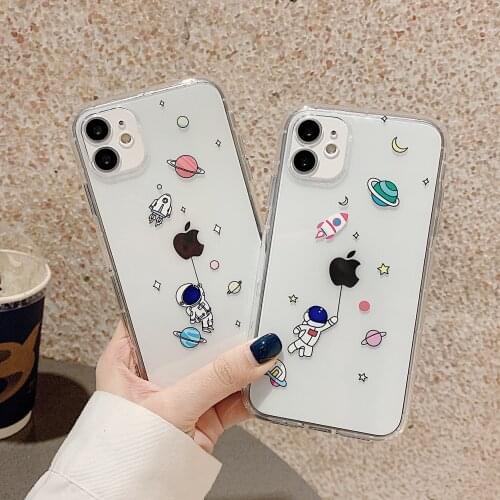 Cartoon astronauts Transparent Soft Phone Case For iphone 11 12 Pro MAX Mini X XR XS MAX SE 2020 7 8 Plus Shockproof Back Cover