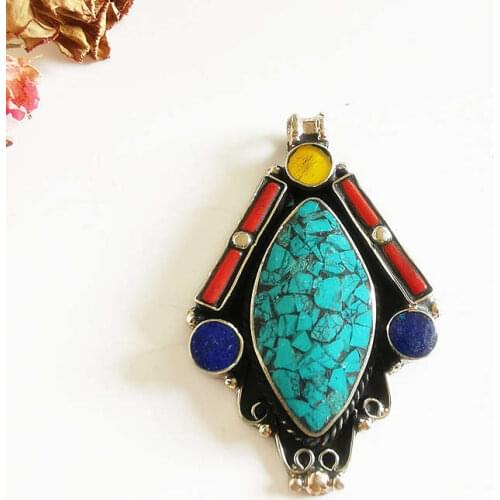 Tibetan Jewelry Copper Inlay Colorful Stone Big Pendants Tibet Handicrafts Collections for Necklace TBP536