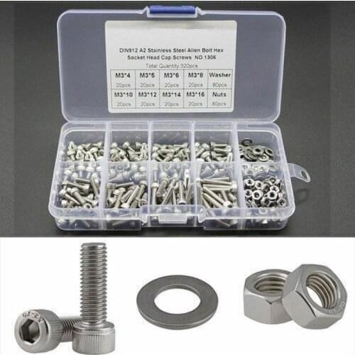320pcs M3 Made Stainless Steel Cylindrical Head Hexagon Socket Screws And Nut Box