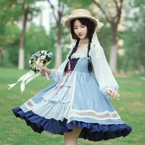 Japanese sweet lolita dress vintage preppy style high waist cute printing victorian dress kawaii girl gothic lolita op loli
