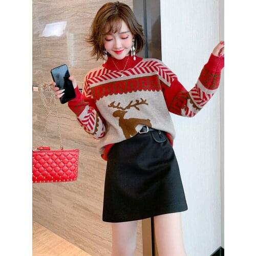 Half high neckline thread necking geometric blended moose loose knitted sweater for women in winter High Quality New Fashion