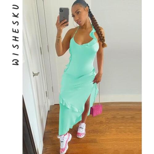 Women Spaghetti Strap Ruffles Midi Dress 2021 Summer Sexy Backless Solid Slim Sundress Lady Nightclub Bodycon Irregular Dresses