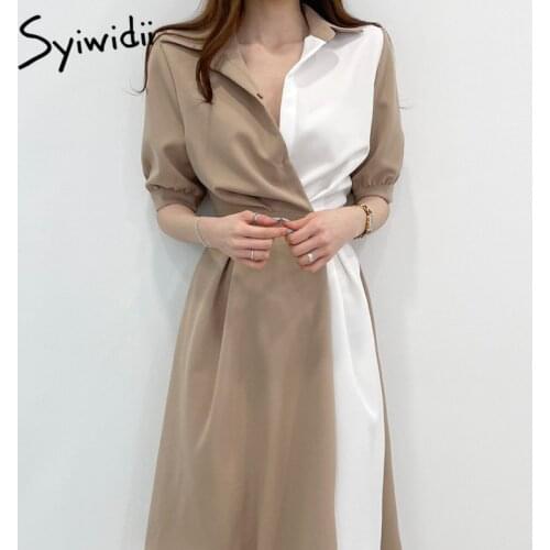Syiwidii Patchwork White Dress Short Sleeve Summer 2021 New Office Ladies Korean A-line Long Dresses with Back Elastic Waistband