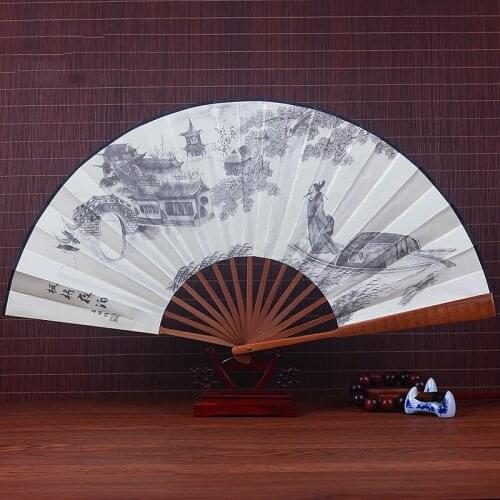 Mens retro big folding fan Bamboo wood cloth surface Durable hand fan Outdoor decorative fan for daily use Gift folding fan
